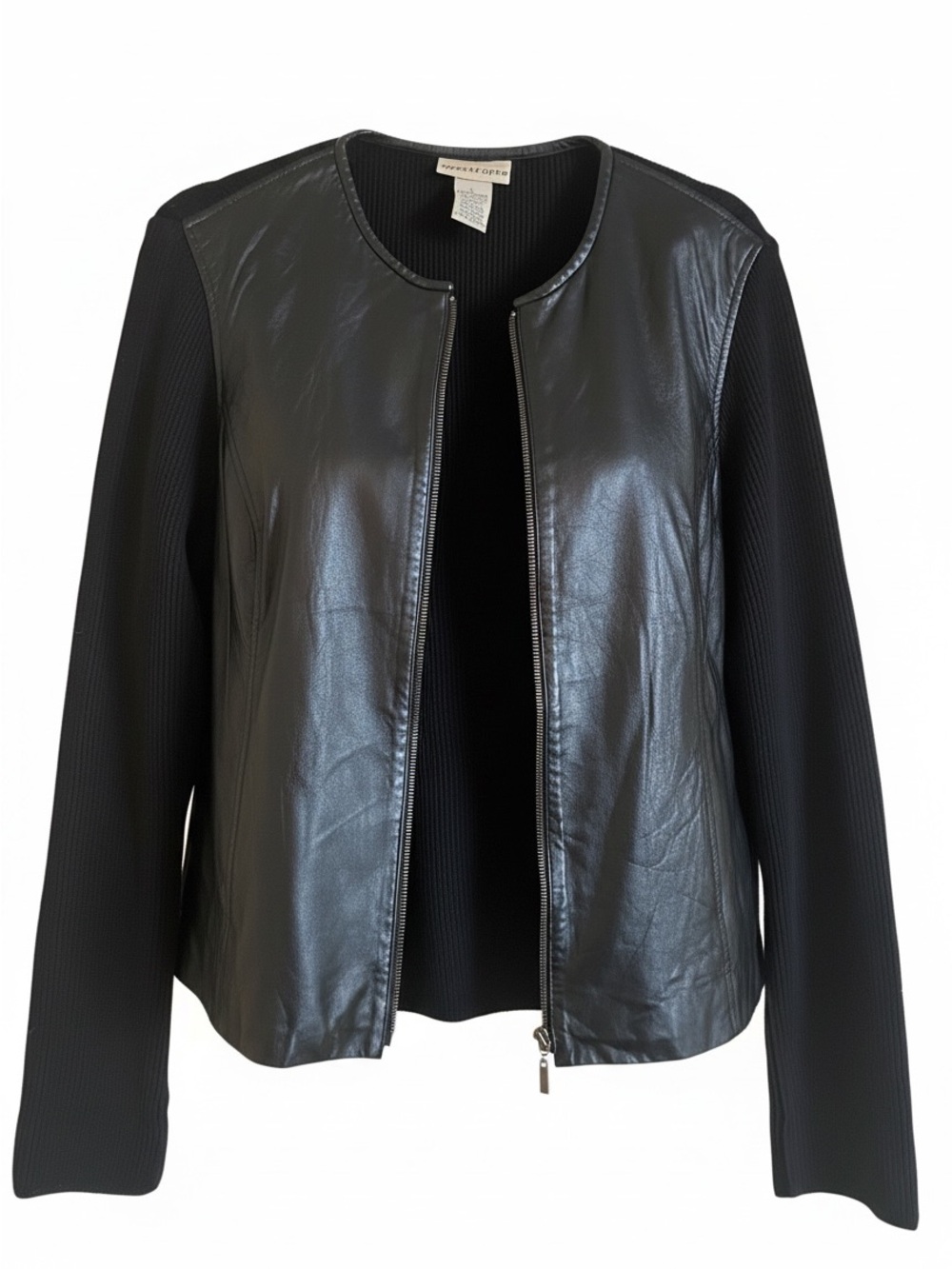 Apostrophe Front Black Leather Front Knit Jacket